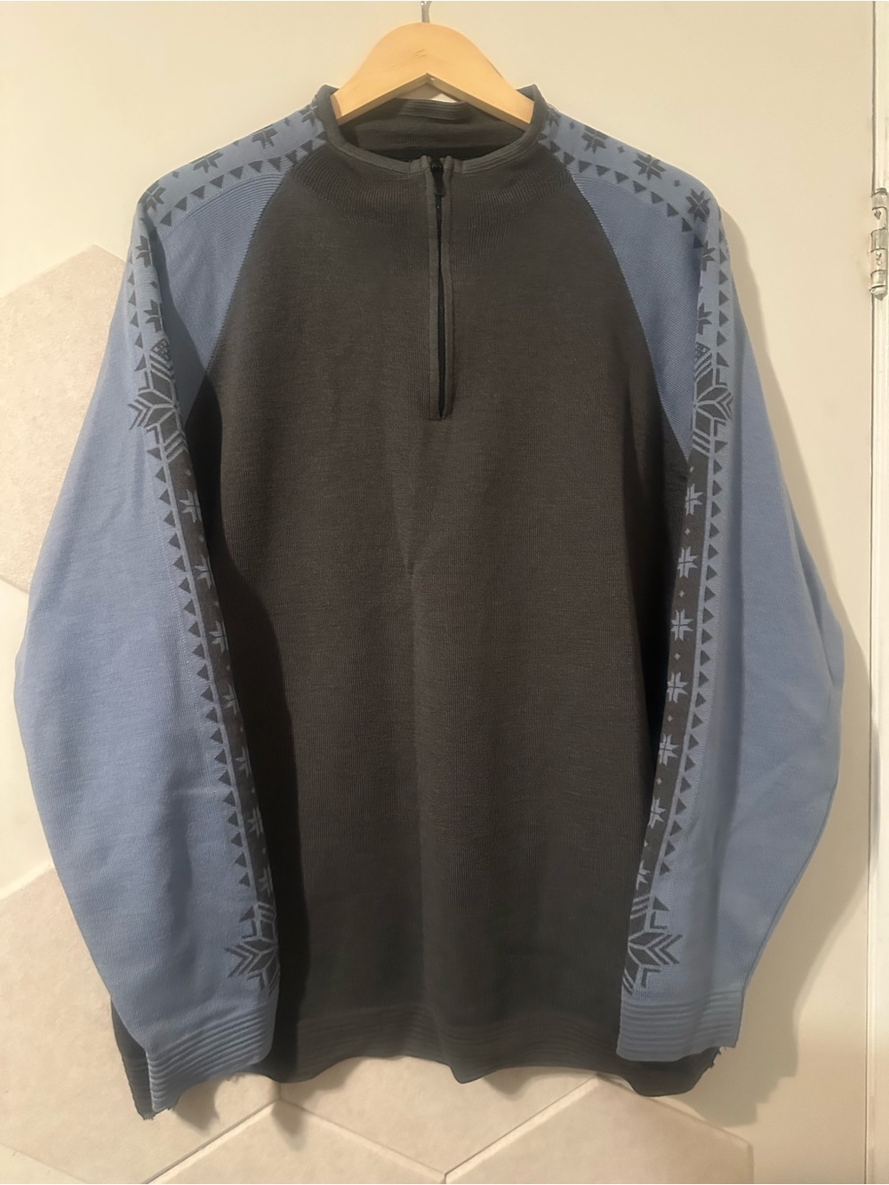 Dale of Norway Black Half-Zip Pullover with Blue Patterned Raglan Sleeves